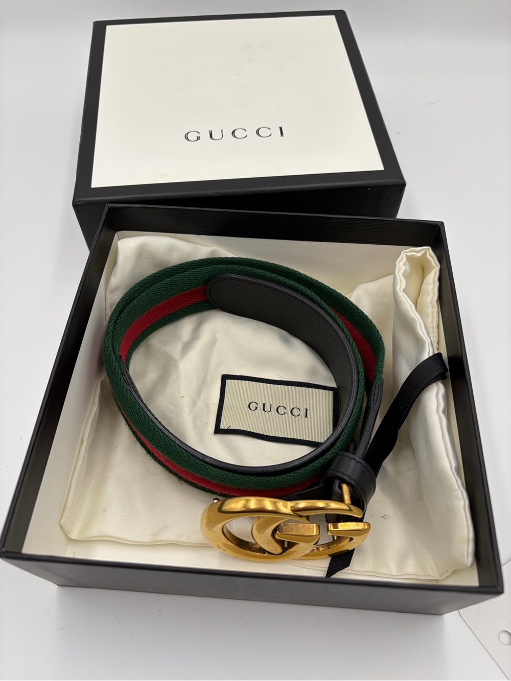 Gucci Women’s Black Leather & Web Stripe Belt with Gold Double G Buckle 85-34 - Picture 7 of 9